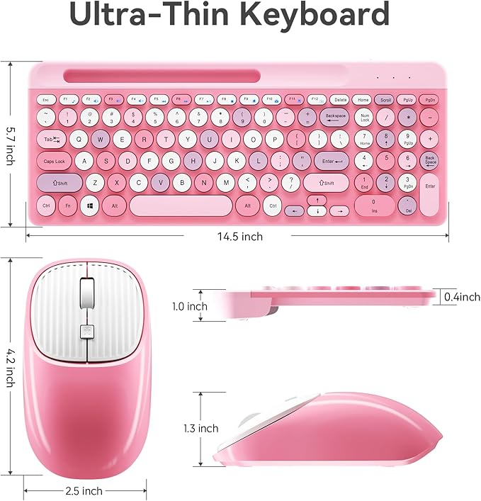 Retro Wireless Keyboard with Round Keycaps, 2.4GHz Full-Size USB Cute Wireless Keyboard Mouse for Computer, Desktop, Laptop and Computer (Pink-Colorful)