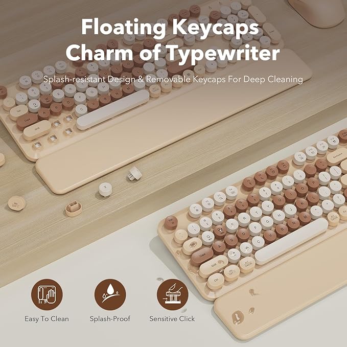 Wireless Keyboard and Mouse Combo, Round Keycaps, Full-Size Retro Typewriter Keyboard with Detachable Wrist Rest, Sleep Mode & Tilt Legs, 2.4GHz Cordless Connection for Mac/Windows/PC (Latte-Colorful)