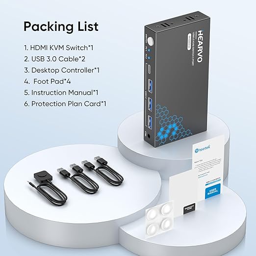 Hearvo USB 3.0 HDMI KVM Switch 1 Monitors 2 Computers, 4K@60Hz KVM Switches for 2 Computers Sharing Monitor Keyboard Mouse Hard Drives Printer, with EDID Adaptive, 2USB Cable and Controller -S7232H