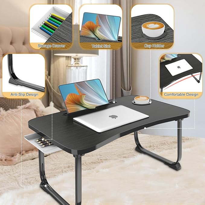 Fayquaze Lap Laptop Desk, Portable Foldable Laptop Bed Table with Storage Drawer and Cup Holder, Lap Desk Lap Bed Stand Tray Table Serving Tray for Eating, Reading and Working