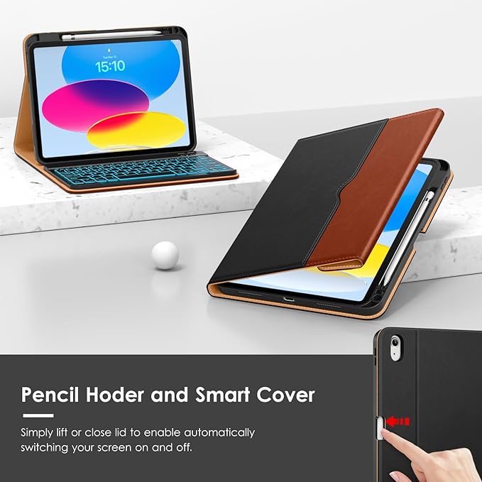 VIKESI Keyboard Case for iPad (A16,2025) 11th Generation/iPad 10th Generation Case (10.9" 2022),Premium Leather Smart Cover,Built-in Breathing Light,Function Row,Pencil Holder,Card Slots - Black Brown