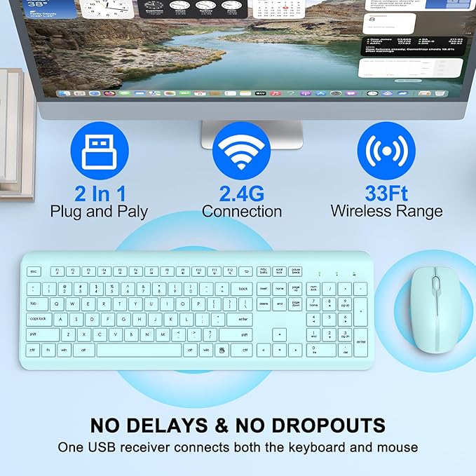 Wireless Keyboard and Mouse Combo, Full-Size Silent Ergonomic Keyboard and Optical Mouse, Long Battery Life, 2.4GHz Lag-Free Cordless Mice Keyboard for Computer, Mac, Laptop, PC, Windows(Green)