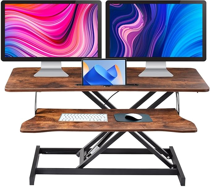 38-Inch Height Adjustable Standing Desk Converter, Duals Monitor & Laptop Riser with Wide Keyboard Tray, Sit to Stand Ergonomic Workstation for Home Office, School, Business, Tiger Brown