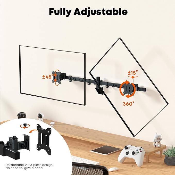 Dual Monitor Wall Mount for 24-38-inch - Ultrawide Dual Wall Mount Monitor Arm, Flush Wall Setup, Max Load 22lbs per Monitor, VESA 75x75/100x100mm, Black