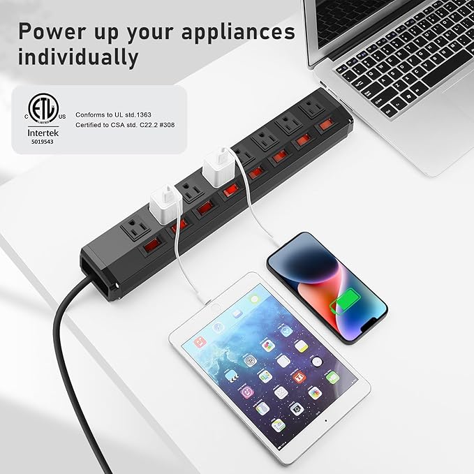 2PCS 8 Outlet Heavy Duty Power Strip with 8 Individual Switches,Moutable Metal Power Strip Surge Protector 1200 Joules,6FT 14AWG Extension Cord,15A 1800W 125V 60Hz