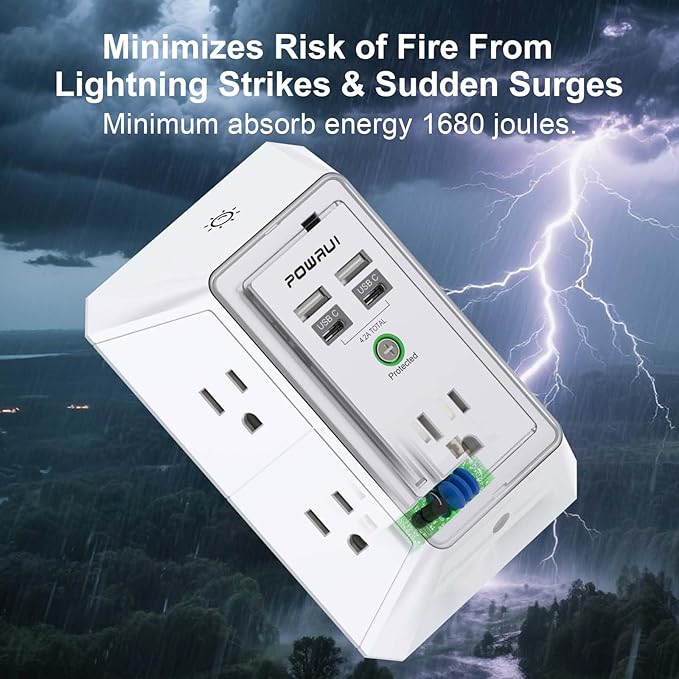 3-Sided Outlet Extender with Night Light - POWRUI Multi Plug Outlet with 5 Outlets and 4 USB Ports(2 USB-C), USB Wall Charger for Home, Office, Travel, ETL Listed, White