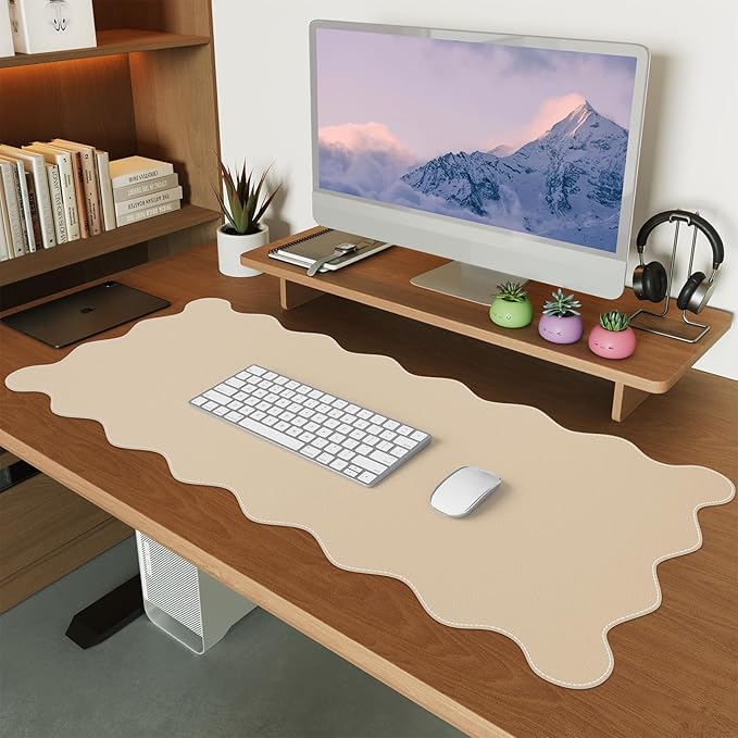 iCasso Leather Mouse Pad,Extra Large Desk Pad,Cute Scalloped Computer Mat for Desktop,Non-Slip Nail Mats with Stitched Edges,Waterproof PU Desk Protector Pad for Office Home Dorm
