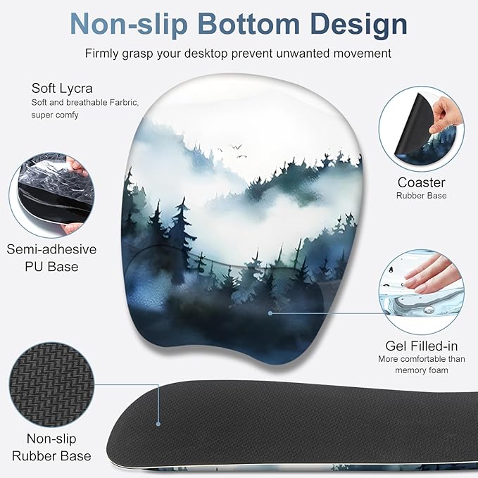 Large Mouse Pad, Keyboard Wrist Rest Set, Ergonomic Mouse Pad with Wrist Support, Desk Mat with Stitched Edges + Coaster, Extended Desk Pad Waterproof Desk Mat for Home Office Game I Misty Forest