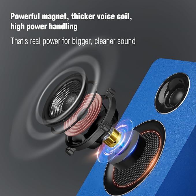 Computer Speakers for Desktop PC, Active Bookshelf Speaker with 3‘’ Carbon Fiber Woofer and Silk Film Tweeter ,Supports Bluetooth 5.3, USB-C, AUX/RCA Input for Record Player TV - Blue Stereo Set