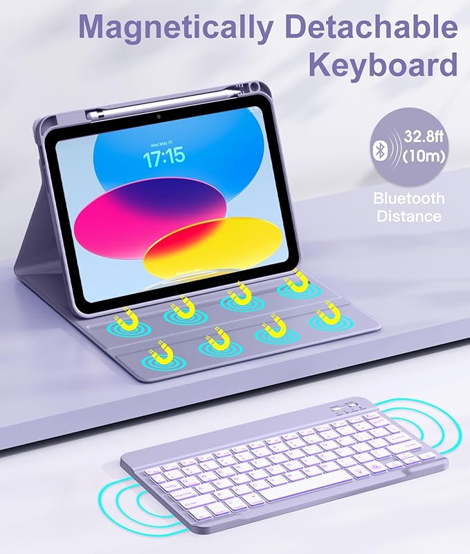 Hamile for iPad 11th 10th Generation Case with Keyboard - 7 Colors Backlit Wireless Detachable Folio Keyboard Cover with Pencil Holder for iPad 11-inch A16 2025 10th Gen 10.9 Inch 2022 (Lavender)