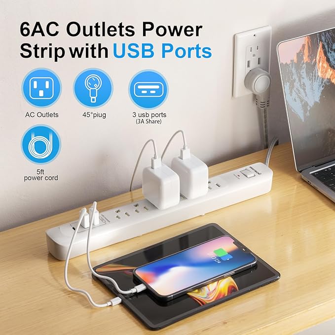 2 Pack Power Strip Surge Protector - 6 Outlets 3 USB Charging Ports (1 USB C), 10Ft Extension Cord, Flat Plug, Overload Protection, Wall Mount for Office Home, Dorm Room White