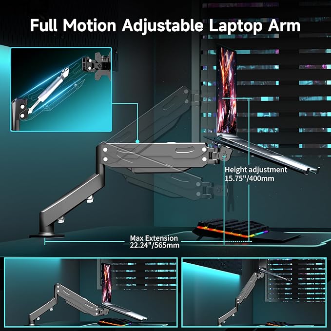 Pholiten Laptop Desk Mount with Gas Spring Arm, 2 in 1 Monitor Laptop Stand for 12-17 inch Notebook and 13-32 inch Computer Screen,Holds 22lbs. Full Motion Monitor Laptop Stand Mount with Vented Tray