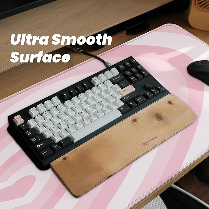 Gaming Mouse Pad with Non-Slip Base, Cute Mouse Mat with Stitched Edges for Keyboard and Mouse, Large Anime Mousepad for Computer, 31.5 x 11.8 inches (Pink Heart)