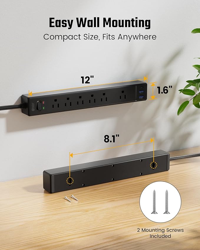 Black Long Extension Cord 20Ft, SUPERDANNY Flat Plug Surge Protector Power Strip with 6 Outlets & 3 USB Ports, Power Bar for Home Office, Dorm Room