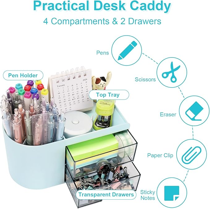 Desk Organizer with Drawer, Pen Organizer for Desk, Small Pencil Holder, Desk Organizers and Accessories for Office Home Storage (2 Drawers+4 Compartments, Blue)