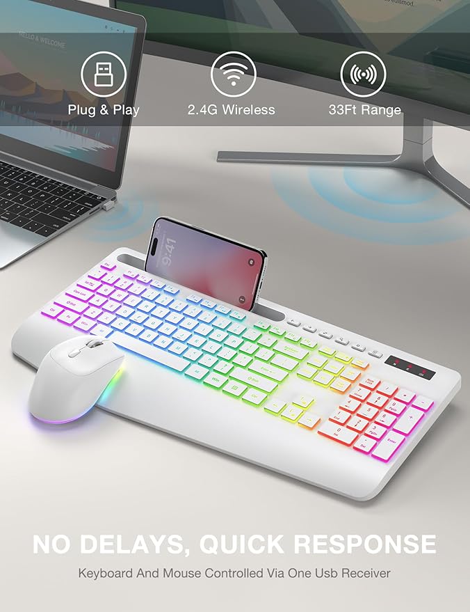 SABLUTE Wireless Keyboard and Mouse Combo, 9 Backlit Effects, Wrist Rest, Phone Holder, 2.4G Lag-Free Ergonomic Keyboards, KM22 MAX Rechargeable Silent Set for Computer, Laptop, Mac, Windows（White）