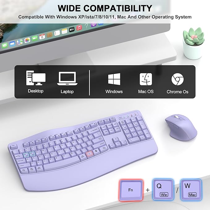 Wireless Keyboard and Mouse Combo, 2.4G Full Size Wave Keys Ergonomic Keyboard with Wrist Rest and 3-Level DPI Adjustable Wireless Ergonomic Mouse for Windows, Mac OS Desktop/Laptop/PC(Purple)