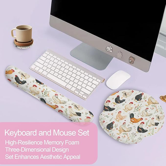 Rooster Hen Chicken Meadow Ergonomic Wrist Support Keyboard Mouse Wrist Rest Set, Computer Office Comfortable Wrist Rest for Mouse Easy Typing