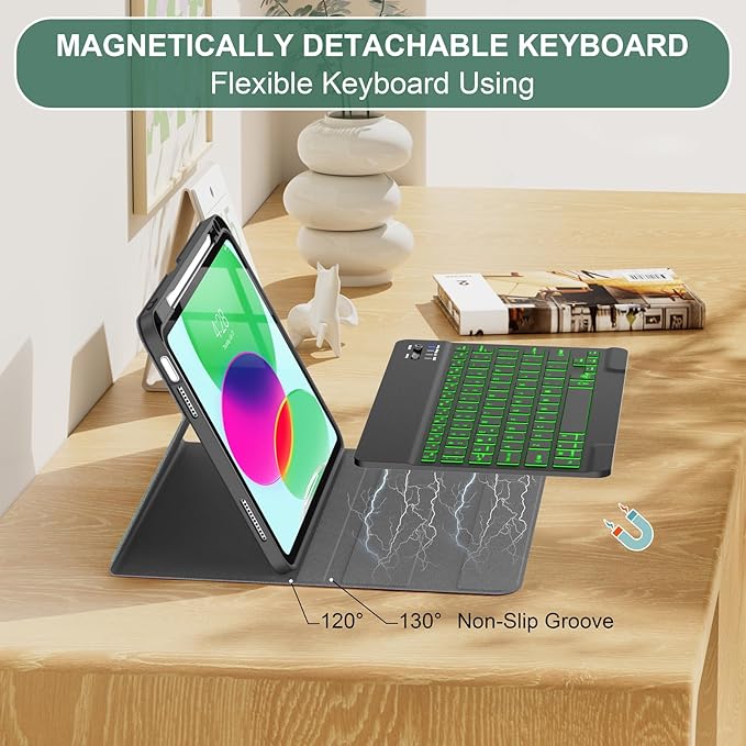 Soke for iPad (A16) 11th/10th Generation Case with Keyboard(2025/2022)-7 Color Backlight Wireless Detachable Folio Keyboard Cover with Built-in Pencil Holder for iPad 11/10.9 inch, Green Marble