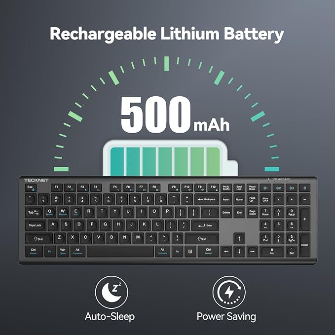 TECKNET Bluetooth Keyboard Rechargeable, 4-Device Free Switching (2.4G+BT), Ultra-Slim Full Size Wireless Keyboard, Quiet Typing, for PC/Laptop/Smart TV/Phone, Adjustable Stand, 12 Multimedia Keys