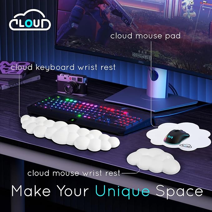 Cloud Wrist Rest for Computer Keyboard Arm Wrist Rest with Non-Slip Base Extended Wrist Rest Ergonomic Memory Foam for Keyboard and Mouse Typing Pain Relief, Office, Gaming, Computer (cloud white set)