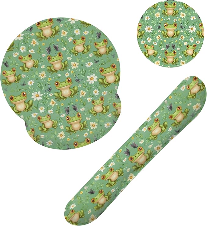 Funny Frog Butterfly Flower Mouse Pad with Wrist Rest Set, 3-in-1 Wrist Support Mousepad Set, Gaming Mat Pad with Anti-Skid Base,Ergonomic Memory Foam Mouse Pad Set for Women, Office, Typing, Gaming