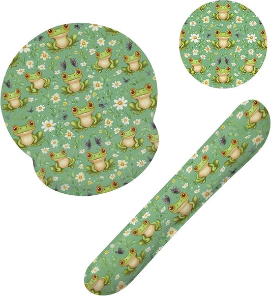 Funny Frog Butterfly Flower Mouse Pad with Wrist Rest Set, 3-in-1 Wrist Support Mousepad Set, Gaming Mat Pad with Anti-Skid Base,Ergonomic Memory Foam Mouse Pad Set for Women, Office, Typing, Gaming