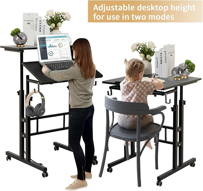 SIDUCAL Mobile Standing Desk, Portable Stand Up, Small Adjustable Converter with Wheels Home Office Workstation, Rolling Desk Laptop Cart for Standing or Sitting, Black