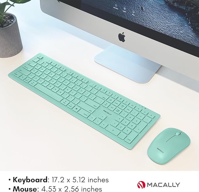 Macally Wireless Keyboard and Mouse Combo for Mac mini/Pro, iMac, MacBook, iPad, iPhone - Compatible Bluetooth Apple Keyboard and Mouse Combo (Multi Device, Rechargeable, Emoji Keys) - Light Green