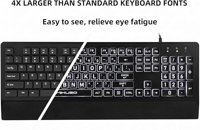 Large Print Keyboard for Seniors,Visually Impaired-High Contrast Black Keys,White Backlit with Cover,Wired USB 104 Full Size-Easy to Read Big Letters for Macular Degeneration Low Vision (No Glare)