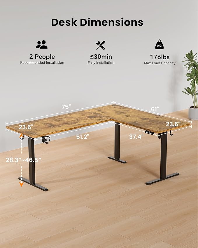 75X61 Inches Reversible L Shaped Standing Desk Height Adjustable, Electric Corner Computer Desk with Cup Holder, Sit Stand up Home Office Desk, Ergonomic Gaming Desk, Rustic Brown