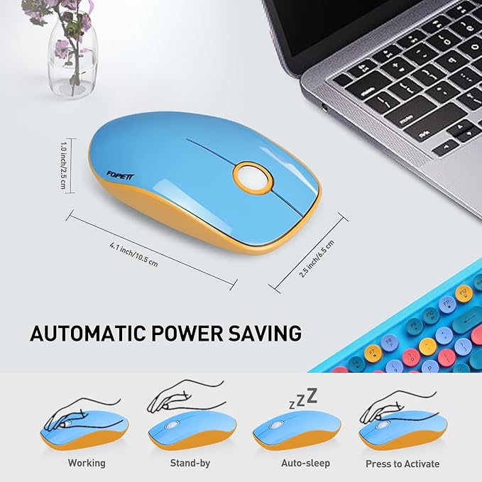 Cute Retro Wireless Keyboard and Mouse Combo, Colorful Typewriter Keyboard with Round Keycaps, 2.4GHz Multi-Color Hybrid Bubble Keyboard for Women, Funky Blue Computer Keyboard for PC Laptop Office