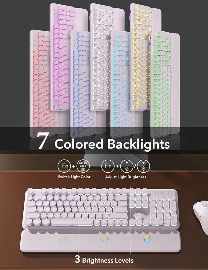 Wireless Keyboard and Mouse Backlit - Typewriter Keyboard with Magnetic Wrist Rest, Retro Round Keycaps, Light Up Letters, 2.4GHz Cordless Combo for Mac, Windows, PC, Laptop, Trueque（Dusty Lavender）