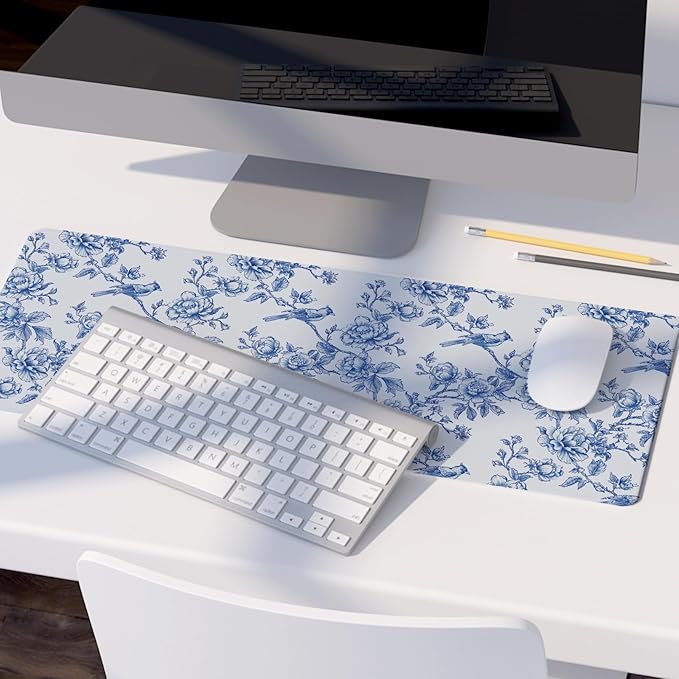 Navy Blue Chinoiserie Mouse Pad,Vintage Blue and White Floral Desk Mat,XL Large Flowers and Birds Preppy Mouse Pad,Girly Laptop Desk Mat for Dorm Home Office,31.5x11.8 Inch