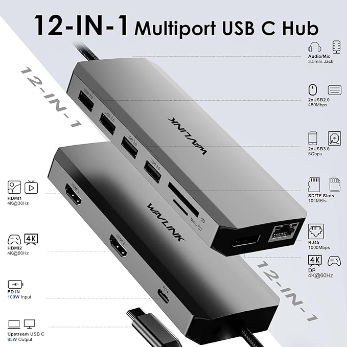 WAVLINK USB C Docking Station 3 Monitor, USB-C Hub Laptop Triple Display with Dual HDMI,DisplayPort, 100W PD Charging, Ethernet, 5 USB, SD/TF Read, Audio for Dell HP Lenovo Surface, Grey