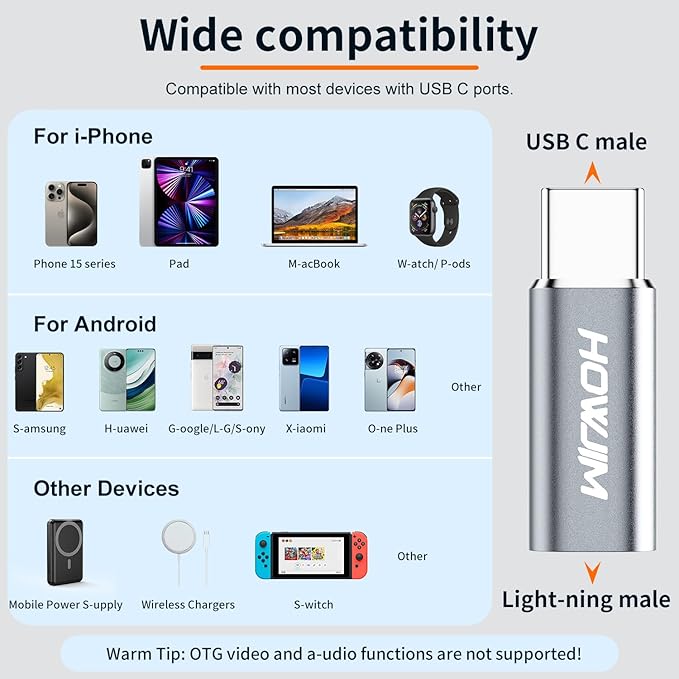 Light-ning to USB C Adapter 4 Pack,HOWJIM PD/QC Fast Charging 480Mbps Data Transfer,Type C Charger Converter Cable for Phone 17/16/15 Series,Pad Pro,G-alaxy,X-peria,P-ixel,Not for Headphones/OTG Gray