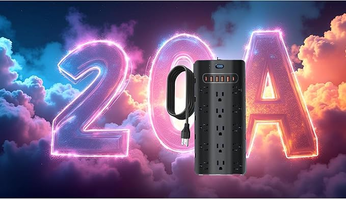 20 Amp Power Strip Surge Protector,Heavy Duty 12 Gauge 6.5 ft Cord/25 AC Outlets/4 USB A/2USB C/4000 Joules Surge protection/2500W/125V,Office Workshop Household Garage Black