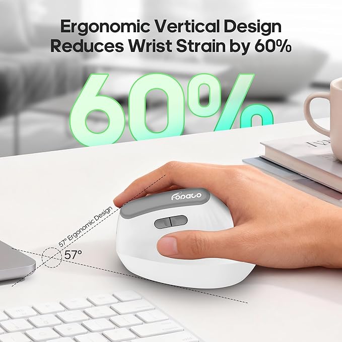 Ergonomic Vertical Mouse,Wireless Bluetooth 5.0 and 2.4G Mouse,Silent Click,60% Reduced Wrist Pressure,3 Adjustable DPI for PC,Mac,Laptop,Computer,Home,Office Use (White)