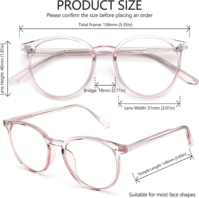 Blue Light Blocking Glasses for Women and Men, Round Frame Computer Gaming Anti Eyestrain & UV Glare RF6213 (Flesh Pink)