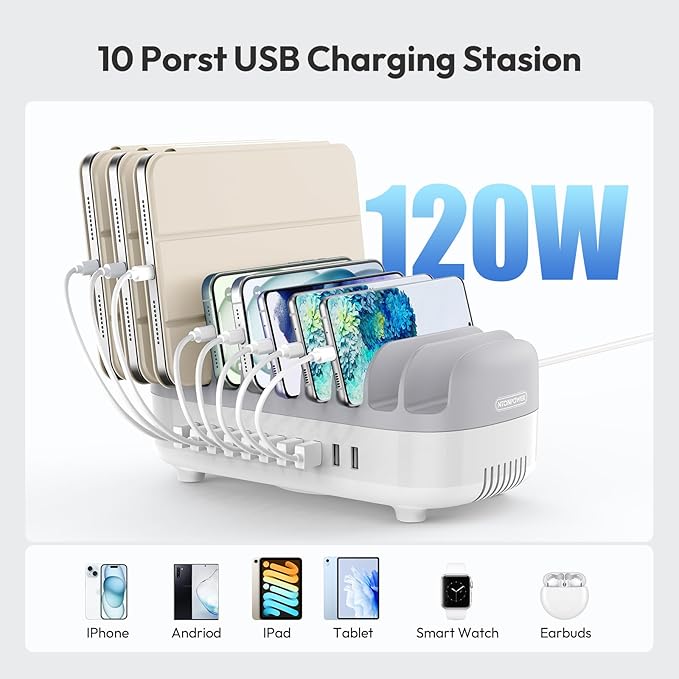 10 Ports Charging Station for Multiple Devices, 120W iPad Charging Station Organizer, USB Charging Docking with Cooling Fan, for iPhone, for iPad, Tablet, Kindle, ETL Listed (White)