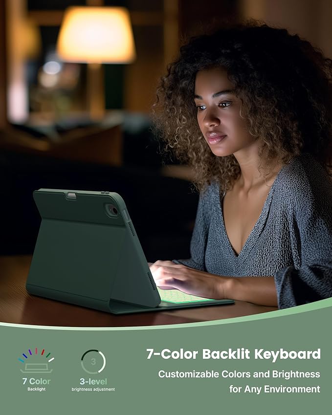 typecase Folio Keyboard Case for iPad 10th Gen 10.9 inch (2022) and iPad 11th (A16, 2025), Magnetic Wireless Detachable Keyboard, 7-Color Backlight, Thin & Light, Pencil Holder – Midnight Green