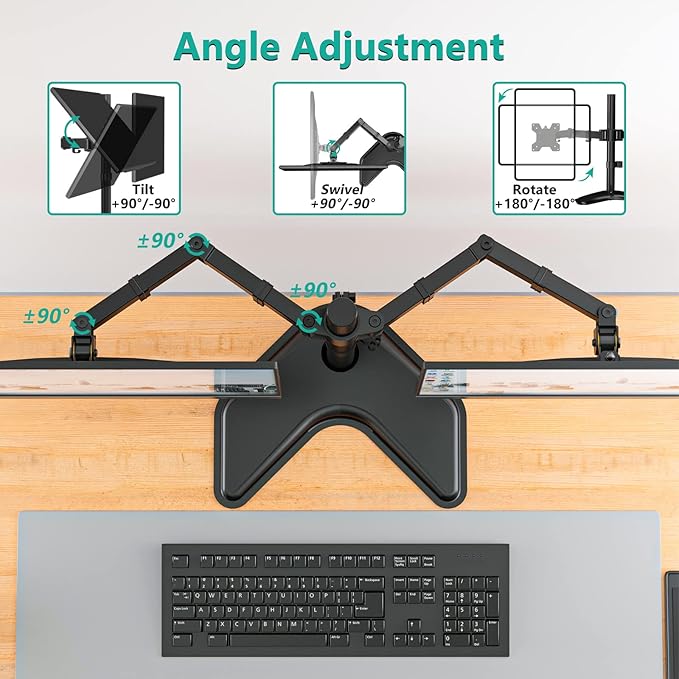 Free Standing Dual Monitor Stand for 13-27'' Screens, Dual Monitor Arms for 2 Monitors up to 22 lbs, Adjustable Dual Monitors Mount with C-Clamp and Grommet, VESA 75/100mm, Black