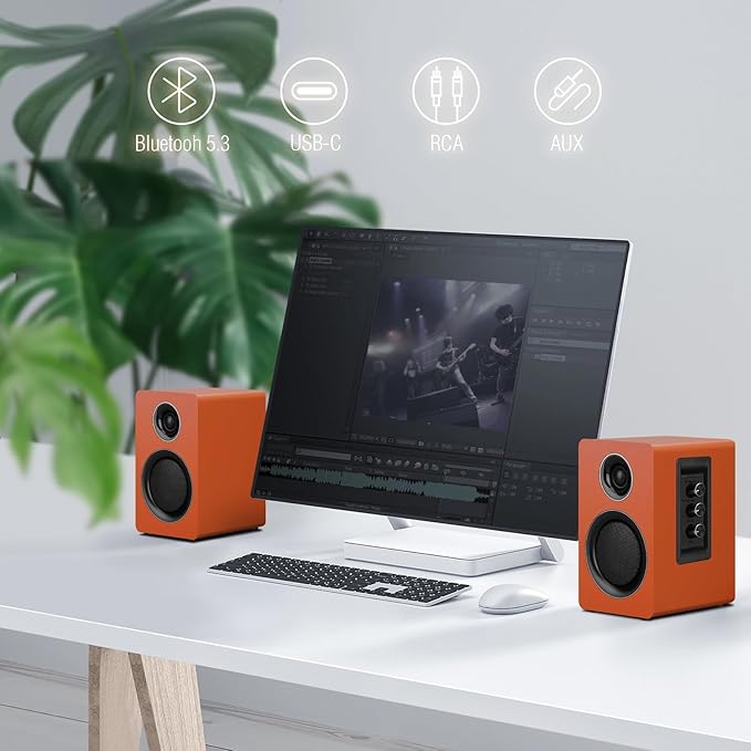 Computer Speakers for Desktop PC, Active Bookshelf Speaker with 3‘’ Carbon Fiber Woofer and Silk Film Tweeter ,Supports Bluetooth 5.3, USB-C, AUX/RCA Input for Record Player TV - Orange Stereo Set