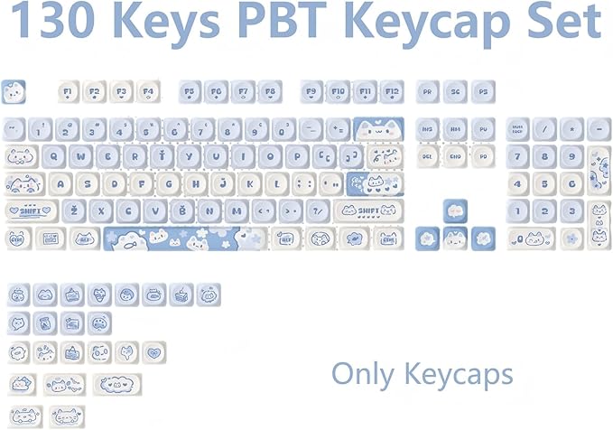 PBT Keycaps - Cute Keycaps Blue White 60 65 75 100 Percent, Kawaii Anime Cat Key caps Custom 130 Keys, MOA Profile for 61/68/84/87/98/100 Cherry Gateron MX Mechanical