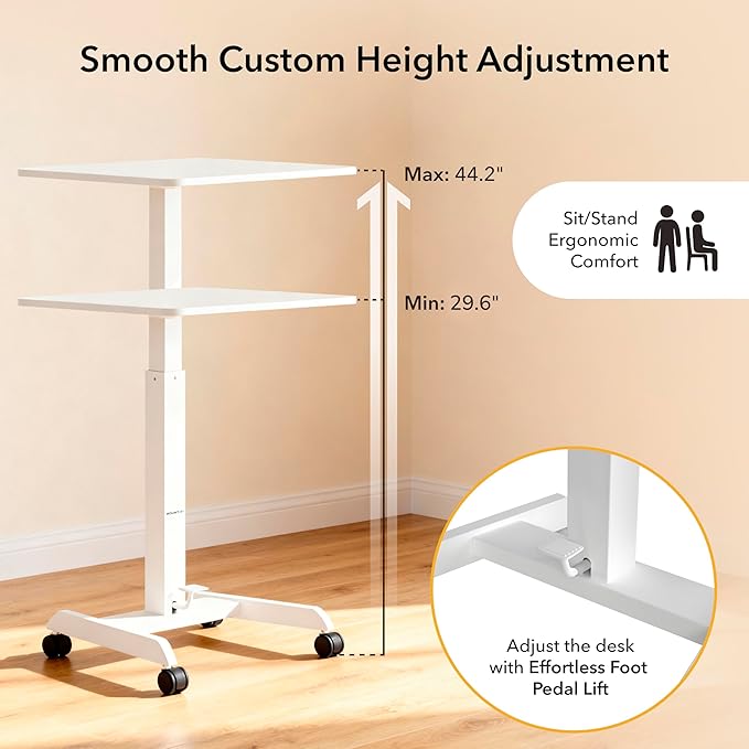 Mount-It! Adjustable Rolling Laptop Desk, Mobile Standing Desk with Wheels, Small Sit-Stand Computer Cart for Home, Office, or Classroom, 29.6–44.2" Height, 23.6"x20.5" Desktop, White