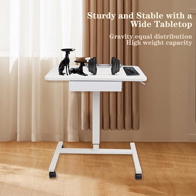 CLATINA Mobile Laptop Standing Desk, Height Adjustable Teacher Podium with Lockable Wheels, Adjustable Work Table with Drawer, Computer Cart Overbed Table for Home Office Classroom, White
