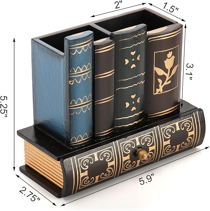 Tosnail Decorative Pen Holder with Storage Drawer, Wooden Pencil Holder Organizer, Antique Library Books Design Pen Cup Caddy, Desk Organizer for Office Supplies, Countertop, Desk, Table Accessory