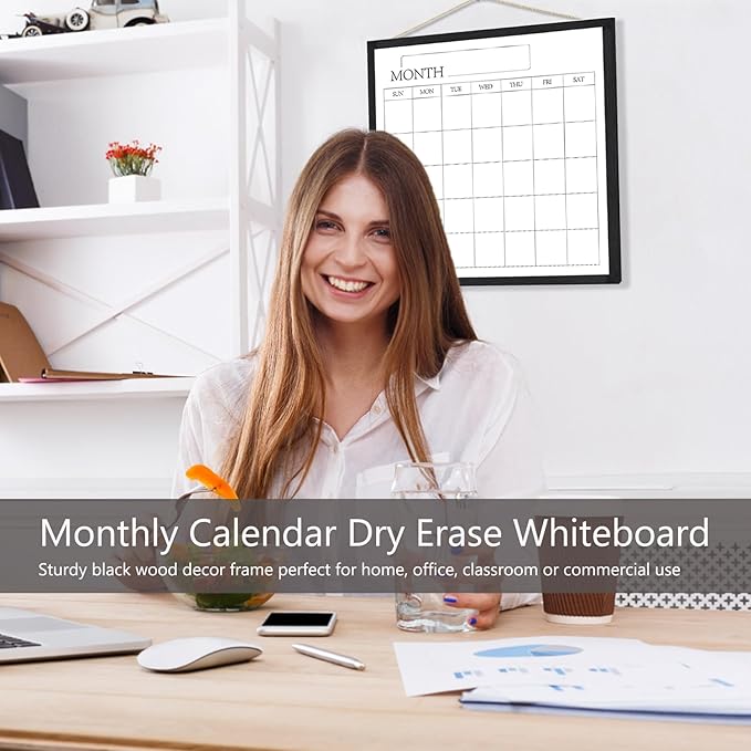 Umtiit Monthly Calendar Dry Erase Whiteboard 19.7 x 19.7 inch(50 x 50 cm), Black Wood Frame, Magnetic Surface Whiteboard for Planning/Schedule/School Timetable/Memo(YLBB-5050BK,US)