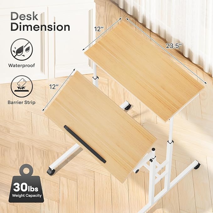 Athena Collection Height Adjustable Rolling Desk Mobile Portable Laptop Stand Cart Small Sit Standing Desk Computer Table Workstation for Home Office, Natural