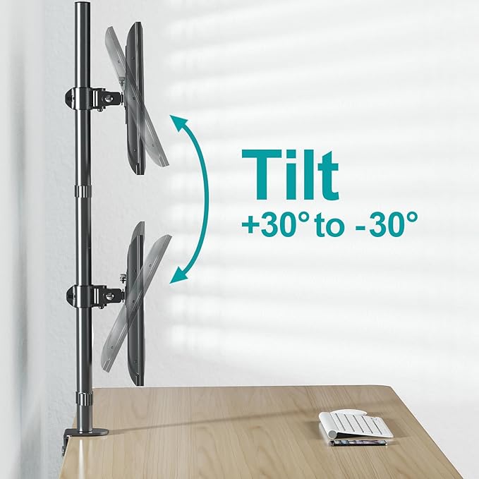 Vertical Dual Monitor Stand for 2 Max 32 inch Stack Screen Monitors, Stacked Monitor Mount with Swivel, Tilt, Height Adjustable, Computer Monitor Arm Holds up to 17.6 lbs Each